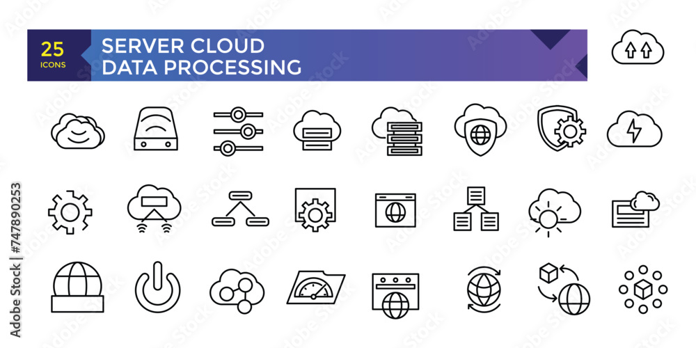 Poster server cloud computing and data processing icon set, cloud services, server, cyber security, digital