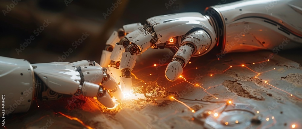 Leinwandbilder Artificial intelligence and futuristic technology concept - robot hand and virtual screen projected on black background.