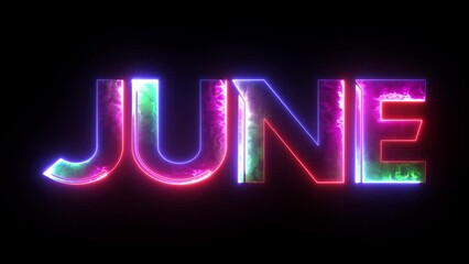 Glowing colorful light neon text month of June. Abstract glowing June month text neon light effect background animation. 3d illustration rendering