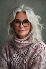 Elegant older woman wears stylish glasses and a pink sweater, smiling at the camera. Concept Fashion, Eyewear, Lifestyle, Portrait, Smile