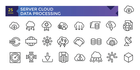 Server Cloud computing and data processing icon set, cloud services, server, cyber security, digital transformation. Outline icon collection.