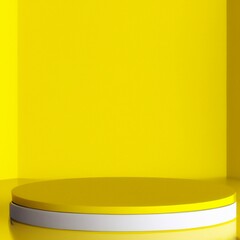 3D rendering of an empty room with interior design or a vibrant background featuring a yellow pedestal display. The blank stand is ideal for showcasing products.