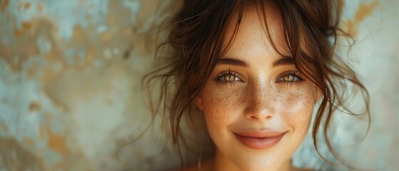 A smiling brunette woman poses in profile - obrazy, fototapety, plakaty