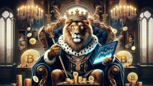 Lion King with Bitcoin Symbols in Luxurious Throne Room. - Powered by Adobe
