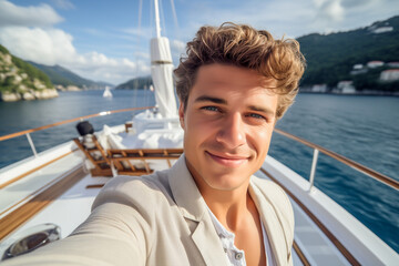Young man taking selfie on yacht, summer vacation