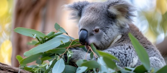 A koala is perched in a tree, leisurely munching on eucalyptus leaves in its natural habitat.