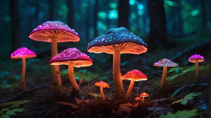 luminous speckled fluorescent mushrooms, a mysterious glowing woodland, and hallucinogenic hues