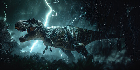 Tyrannosaurus Rex in dramatic scene unfolds amidst a raging thunderstorm