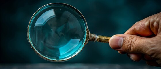A man uses a magnified glass to search for a good option, to save money, to find a deal, or to search for information. This is a Human Resource Management concept on a black background.