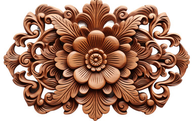 A detailed wooden carving of a flower is displayed on a clean white background. The carving showcases intricate details and craftsmanship in the form of delicate petals and leaves.