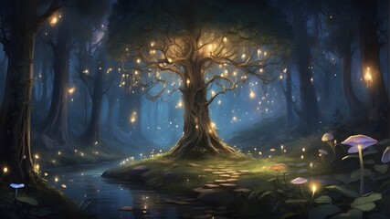 Fantasy drawing of a firefly-filled, enchanted forest from a fairy tale