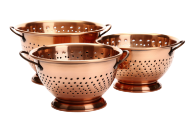 A set of three metal colanders are neatly stacked on top of each other. The colanders are shiny and show signs of use, with remnants of food visible on the edges.