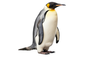 A penguin is standing on its hind legs on a white background. The penguin is balancing itself on its flippers while looking curiously ahead.