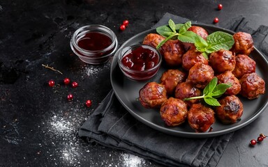 Homemade Swedish meatballs with lingonberries jam. Black background - obrazy, fototapety, plakaty