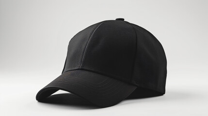 A black baseball cap mock up placed on a clean white background. Suitable for various marketing and promotional materials
