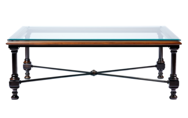 A coffee table with a sleek glass top and sturdy metal legs is displayed in a contemporary setting. The reflective surface of the glass adds a touch of sophistication to the room.