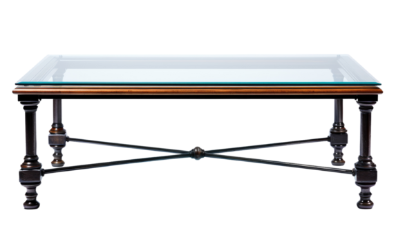 A coffee table with a sleek glass top and sturdy metal legs is displayed in a contemporary setting. The reflective surface of the glass adds a touch of sophistication to the room.