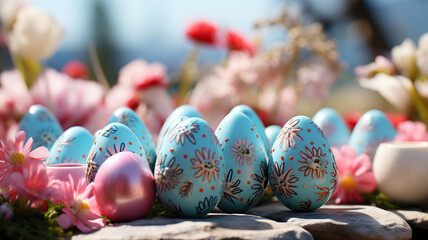 Easter Holiday Colorful Background with Easter Eggs, Spring blossom copy space