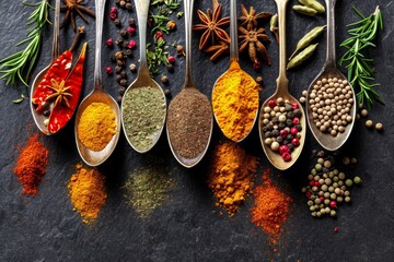 Exquisite culinary composition of spices like turmeric, chili, and herbs in spoons, against a dark backdrop that accentuates their rich colors and textures - Powered by Adobe
