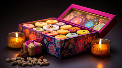Obraz na płótnie Canvas Diwali box consists of Indian sweets. Assorted.