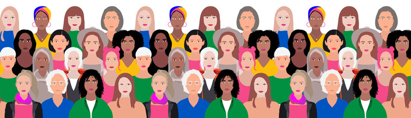 diversity women, cultural ethnic age diverse, illustration of young adult teen elderly female faces front view, concept of women's day 8 march, women networking social group togetherness empowerment