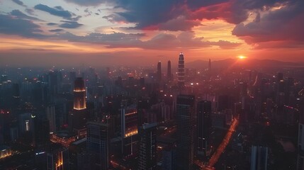 Fototapeta na wymiar A stunning image of a city skyline in China during sunset featuring skyscrapers and buildings in the y2k aesthetic style creating a beautiful and captivating urban landscape