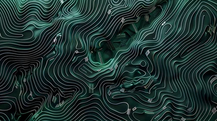 Foto op Plexiglas This image features a highly detailed and intricate abstract green background created in the style of accurate topography and data visualization The image shows a 3D animation of a green landscape wit © Songyote