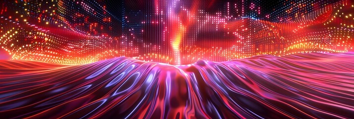 An abstract and colorful image of glowing lights in the style of red purple and orange with a motion and surreal 3d landscape in a scene with glowing lights in the distance and futuristic chromatic wa