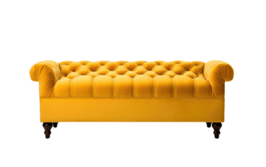 A yellow couch with buttons on it is featured in the room. The couch is upholstered in a bright yellow fabric with stylish button tufting. The buttons add a touch of elegance and texture to the piece.