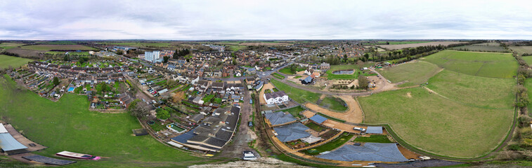 High Angle Ultra Wide Panoramic View of Arseley Town of England UK. The Footage Was Captured During...