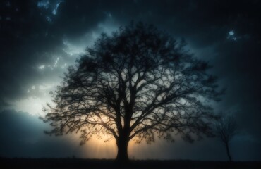 Fototapeta na wymiar Dark silhouette of a tree against a backlit sky
