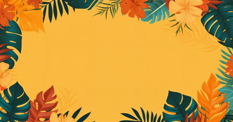 Fototapeta na wymiar a yellow background with tropical leaves and flowers on it, with a place for a text or a picture, generative ai