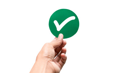 hand holding green circle paper cut with correct sign check mark symbol on transparent background and PNG file