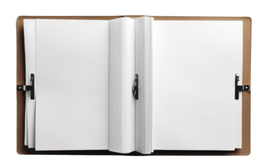 An open notebook lays on a flat surface with a pen resting on top of it. The notebook pages are blank, ready for writing or sketching. The pen appears to be ready for use.