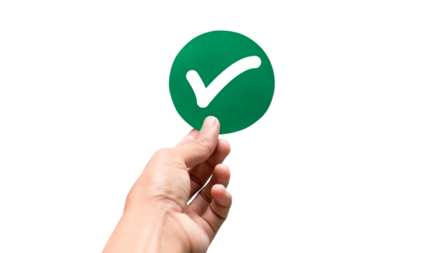 hand holding green circle paper cut with correct sign check mark symbol on transparent background and PNG file