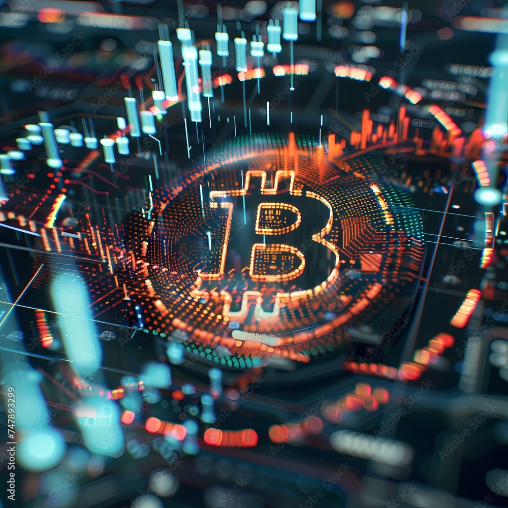 Poster a vivid depiction of bitcoin at the heart of a digital ecosystem, symbolizing its central role in th