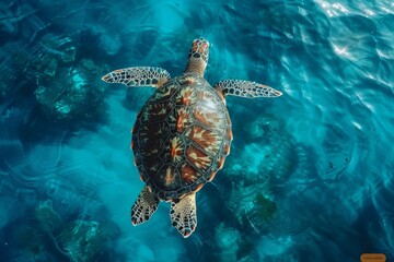 Obraz premium Serene sea turtle swimming over coral reef in crystal clear water