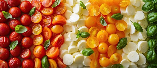 Various types of colorful and vibrant vegetables, such as tomatoes, carrots, peppers, and broccoli, are displayed up close. The assortment showcases the different textures, shapes, and colors of each