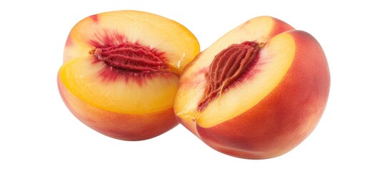 Two ripe peaches cut in half, showcasing the juicy flesh and pit on a clean white backdrop.