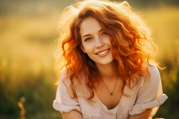 Fototapeta premium Young happy woman sitting on grass, closeup