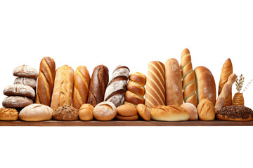 A long row of various breads and pastries is neatly arranged on a wooden table, showcasing a delicious assortment of baked goods.