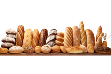 Gordijnen A long row of various breads and pastries is neatly arranged on a wooden table, showcasing a delicious assortment of baked goods. © Usama