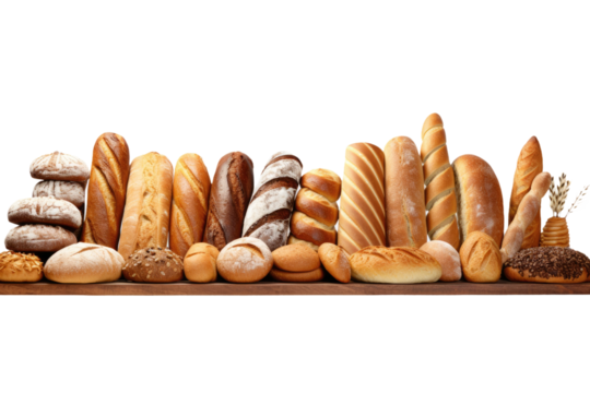 A long row of various breads and pastries is neatly arranged on a wooden table, showcasing a delicious assortment of baked goods.
