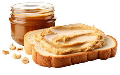 A piece of bread is spread with peanut butter, sitting beside a jar of peanut butter. The scene captures the ingredients for a classic peanut butter sandwich.