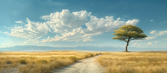 A single tree stands proudly in the center of an open field, surrounded by grass and a clear blue...