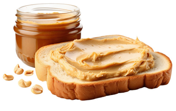 A piece of bread is spread with peanut butter, sitting beside a jar of peanut butter. The scene captures the ingredients for a classic peanut butter sandwich.