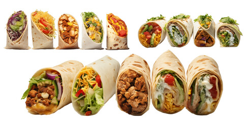 Collection of burrito isolated on a white background as transparent PNG