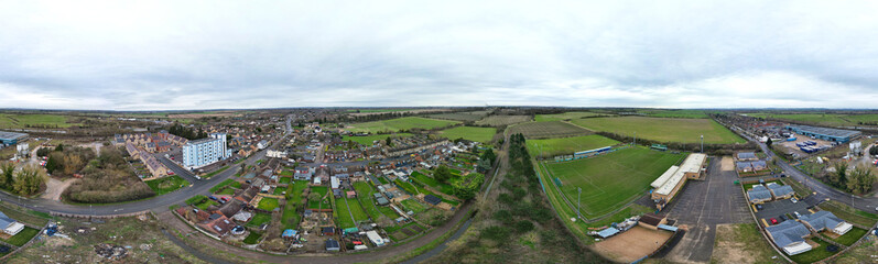 High Angle Ultra Wide Panoramic View of Arseley Town of England UK. The Footage Was Captured During Cloudy and Rainy Day of Feb 28th, 2024