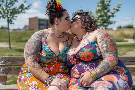 Plus size female couple tenderly kissing in a park. LGTBI