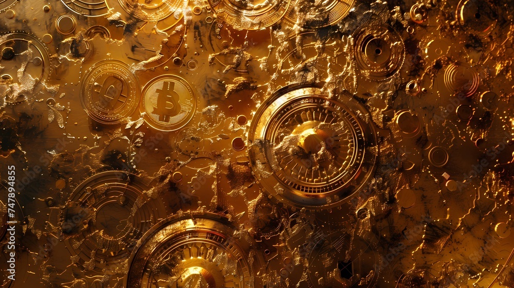 Poster intricate gears and bitcoin symbols merge in a cosmic display, evoking the complex machinery of the 